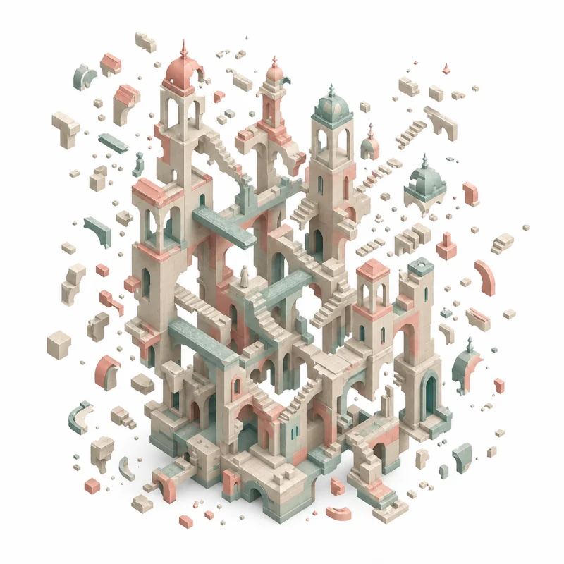 A pastel labyrinth of towers, arches and impossible staircases dispersing into floating architectural fragments.